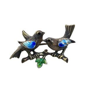 Vintage Mid-Century Enamel Birds On A Branch Silver Brooch